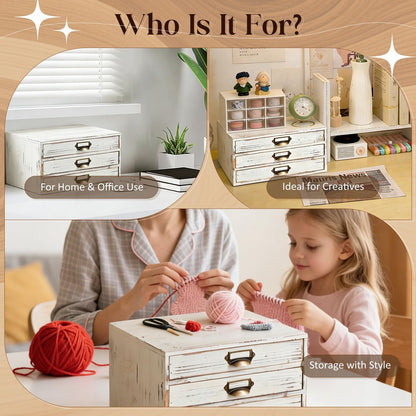 Distressed White Wooden 3-Drawer Organizer - Stackable Mini Storage Cabinet with Label Pulls for Mail, Stationery, Makeup & Keepsakes