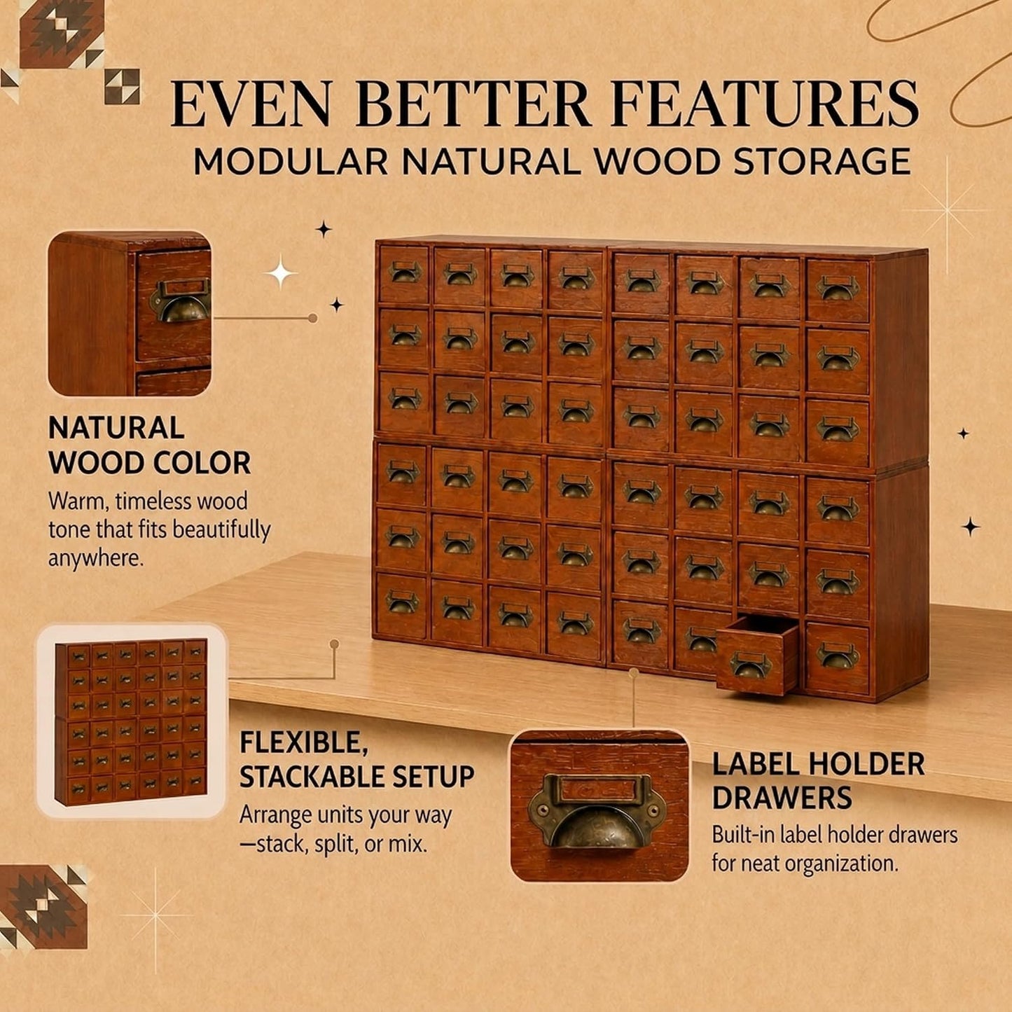 48-Drawer Wooden Apothecary Organizer - Stackable Card Catalog Storage Cabinet for Beads, Hardware, Spices, Tea & Craft Supplies