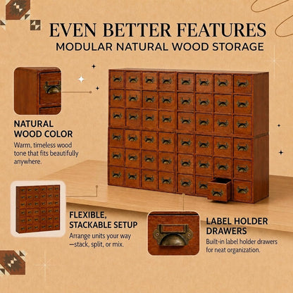 48-Drawer Wooden Apothecary Organizer - Stackable Card Catalog Storage Cabinet for Beads, Hardware, Spices, Tea & Craft Supplies