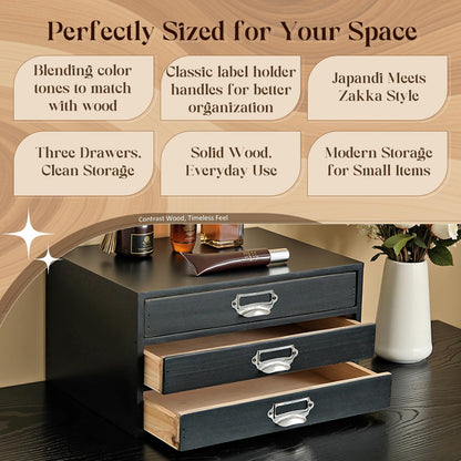 Matte Black Wooden 3-Drawer Desktop Organizer - Stackable Modular Storage Cabinet with Label Pull Handles for Desk, Shelf, Vanity & Crafts