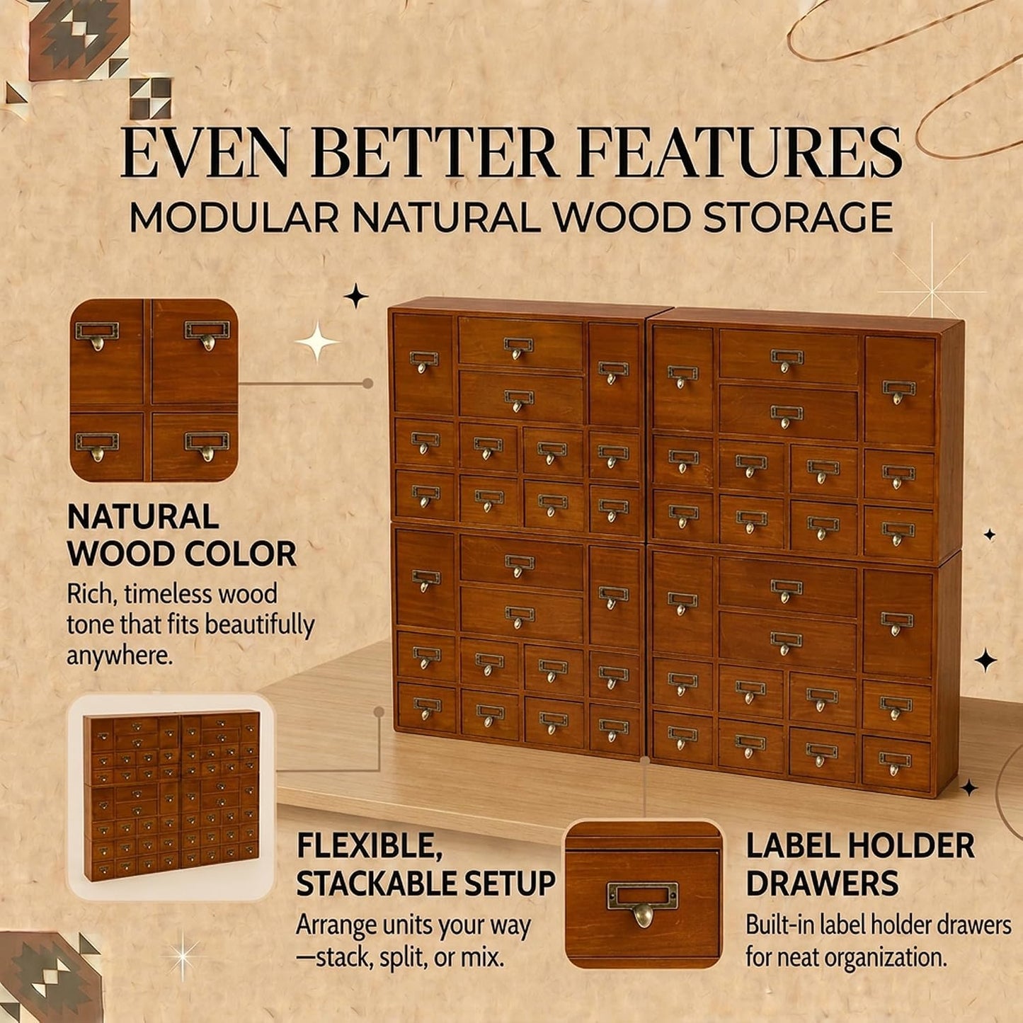 48-Drawer Library Card Catalog Organizer - Stackable Wooden Apothecary Storage Cabinet for Tea, Essential Oils, Office Supplies & Small Parts