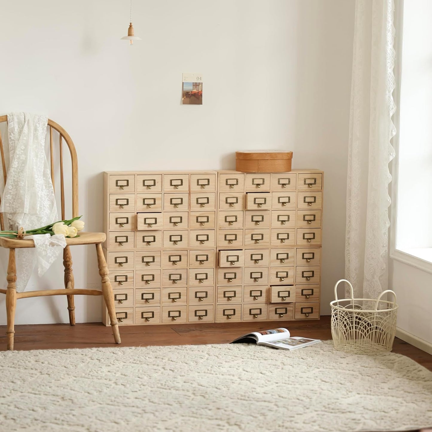 64-Drawer Natural Pine Apothecary Organizer - Wide Modular Storage Cabinet for Stickers, Beads, Stamps, Washi Tape & Scrapbooking
