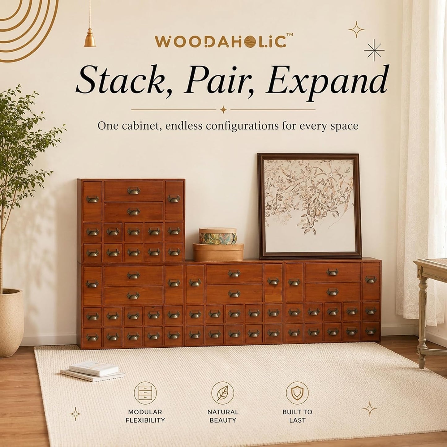 56-Drawer Wooden Apothecary Organizer - Stackable Library Card Catalog Storage Cabinet for Trading Cards, Stickers, Beads & Hardware