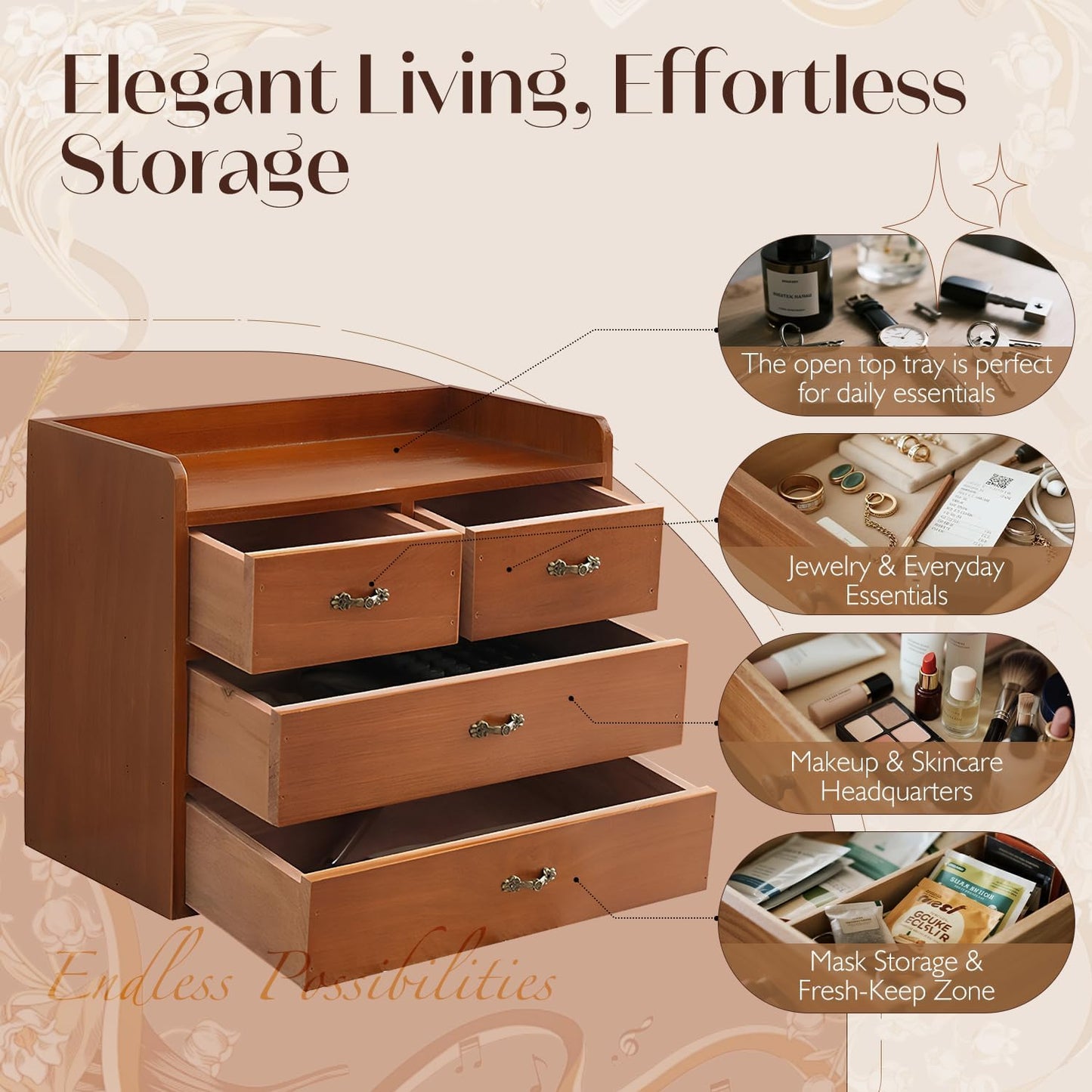 Vintage Wooden 4-Drawer Desk Organizer Cabinet | Small Desktop Storage Chest for Jewelry, Makeup, Office Supplies & Accessories