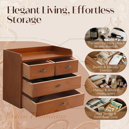 Vintage Wooden 4-Drawer Desk Organizer Cabinet | Small Desktop Storage Chest for Jewelry, Makeup, Office Supplies & Accessories
