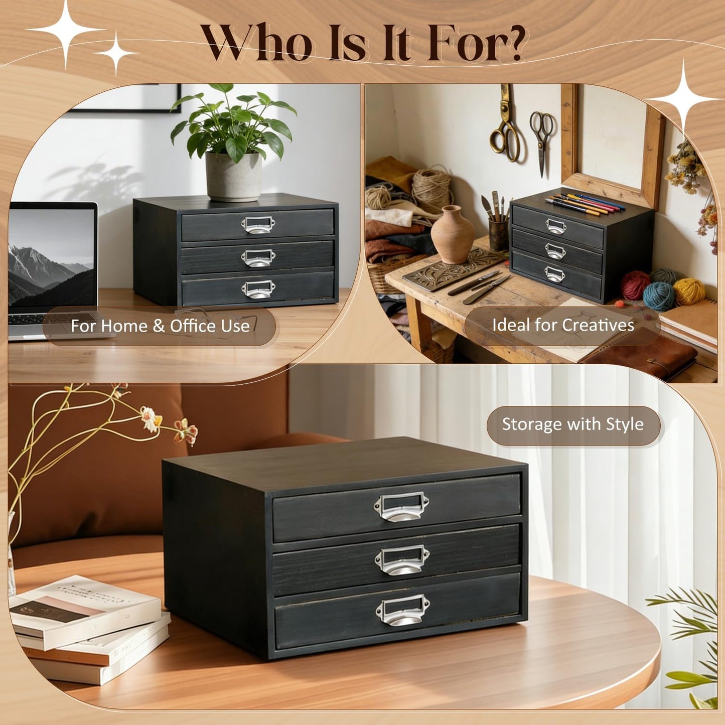 Matte Black Wooden 3-Drawer Desktop Organizer - Stackable Modular Storage Cabinet with Label Pull Handles for Desk, Shelf, Vanity & Crafts