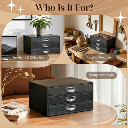 Matte Black Wooden 3-Drawer Desktop Organizer - Stackable Modular Storage Cabinet with Label Pull Handles for Desk, Shelf, Vanity & Crafts