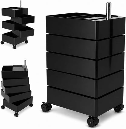 Mid-Century Modern 5-Drawer Rolling Utility Storage Cart with 360° Rotating Drawers & Locking Wheels - Black