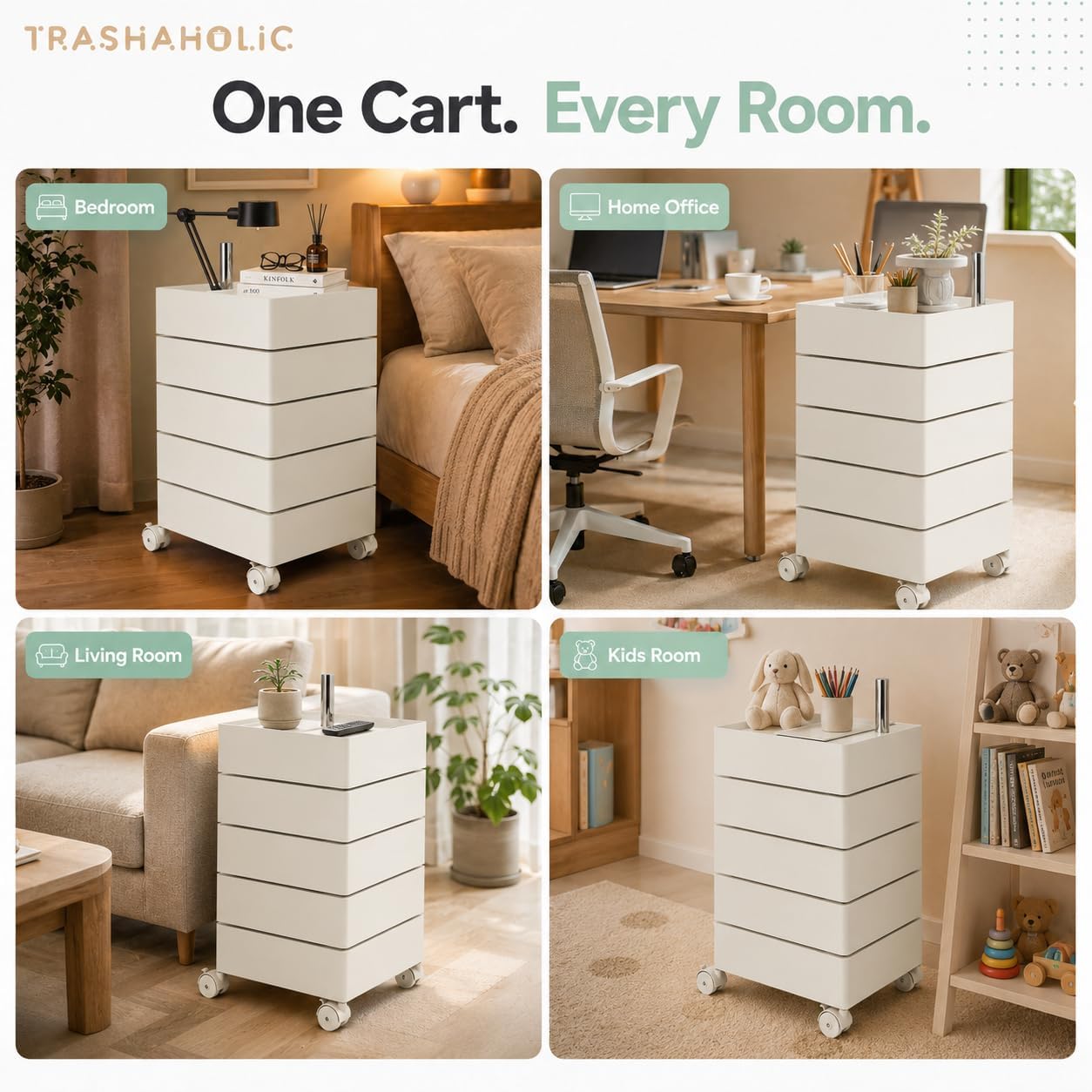 5-Drawer Rolling Utility Storage Cart with 360° Rotating Drawers & Locking Wheels - Cream