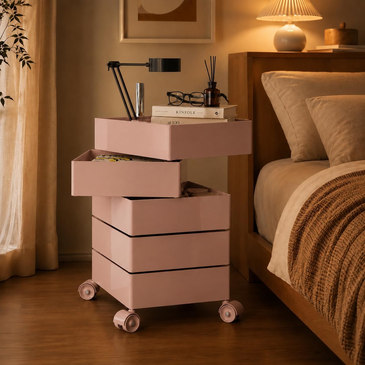 Mid-Century Modern 5-Drawer Rolling Utility Storage Cart with 360° Rotating Drawers - Pink