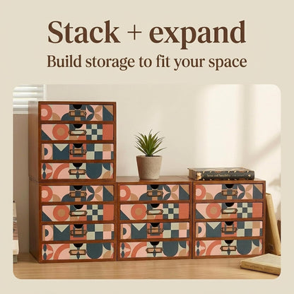 Mid-Century Modern 16-Drawer Wooden Organizer Set - Modular Stackable Desktop Storage Cabinet for Desk, Vanity, Kitchen, Crafts & Jewelry