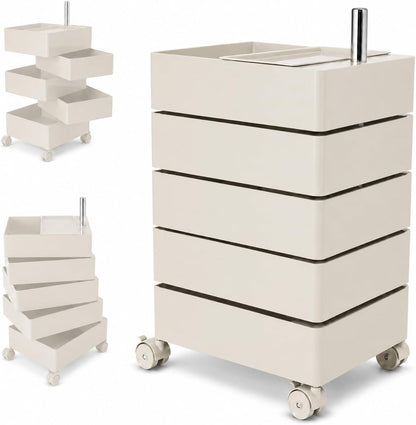 5-Drawer Rolling Utility Storage Cart with 360° Rotating Drawers & Locking Wheels - Cream