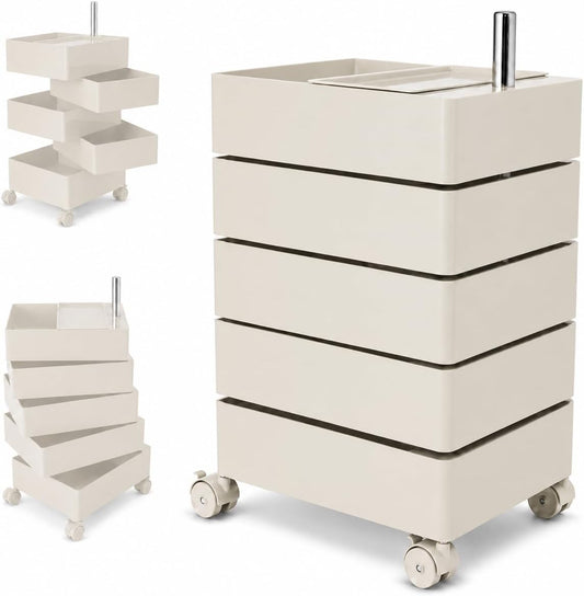 5-Drawer Rolling Utility Storage Cart with 360° Rotating Drawers & Locking Wheels - Cream