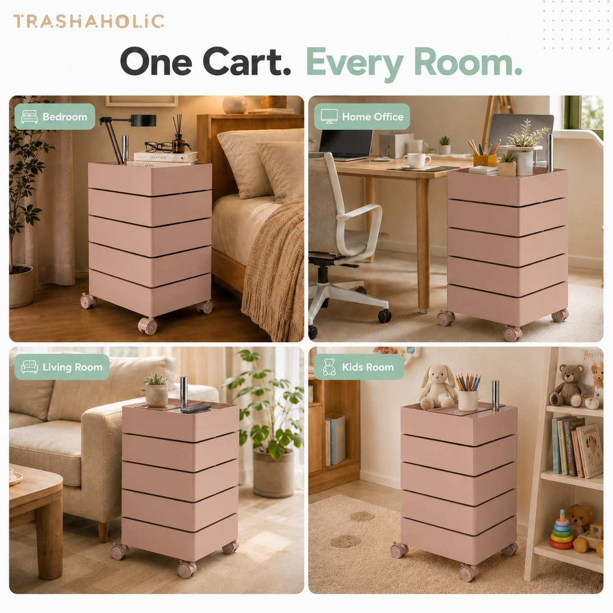 Mid-Century Modern 5-Drawer Rolling Utility Storage Cart with 360° Rotating Drawers - Pink