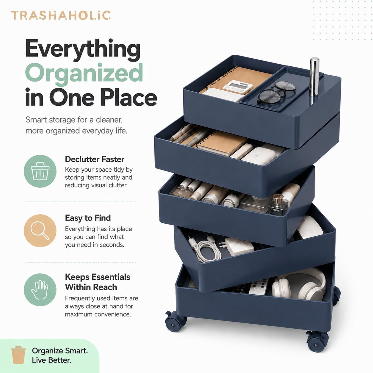 5-Tier Rolling Drawer Storage Cart with 360° Rotating Trays & Locking Wheels - Navy Blue