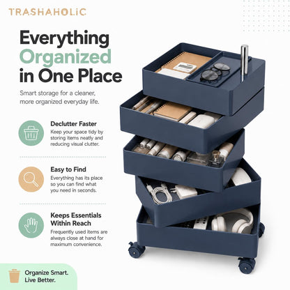 5-Tier Rolling Drawer Storage Cart with 360° Rotating Trays & Locking Wheels - Navy Blue