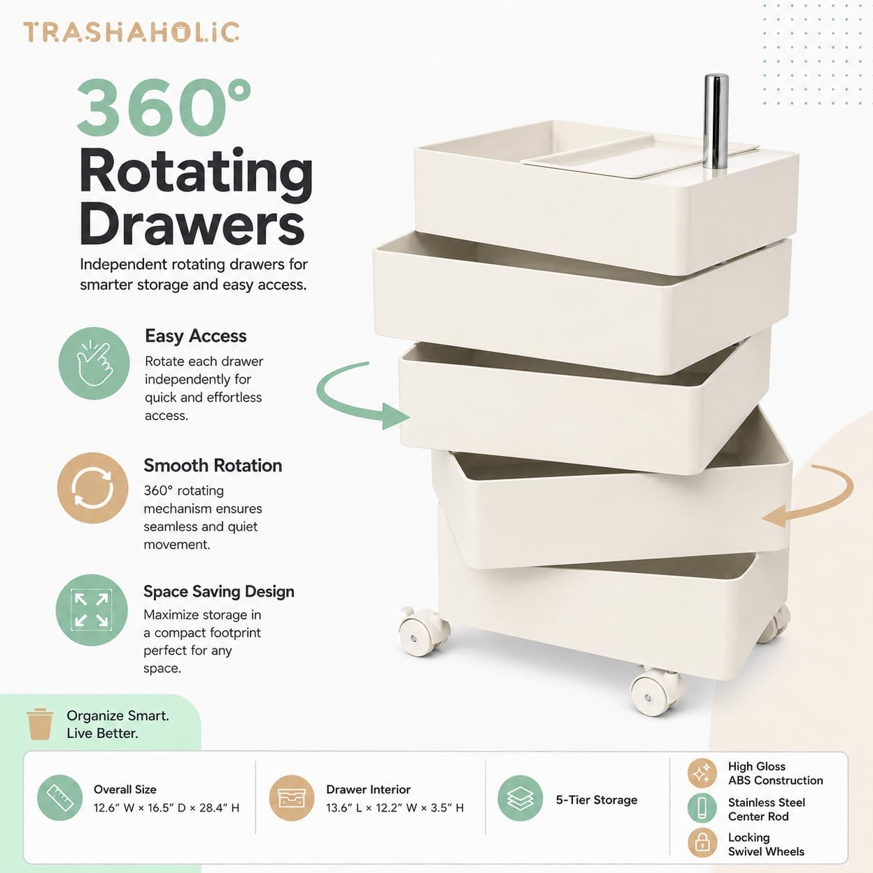 5-Drawer Rolling Utility Storage Cart with 360° Rotating Drawers & Locking Wheels - Cream