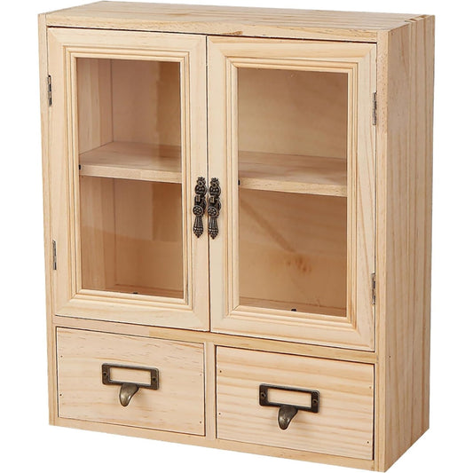 2-Level Rustic Mini Kitchen Cabinet  Glass Doors & Bottom Drawers - Pantry Storage  Cupboard