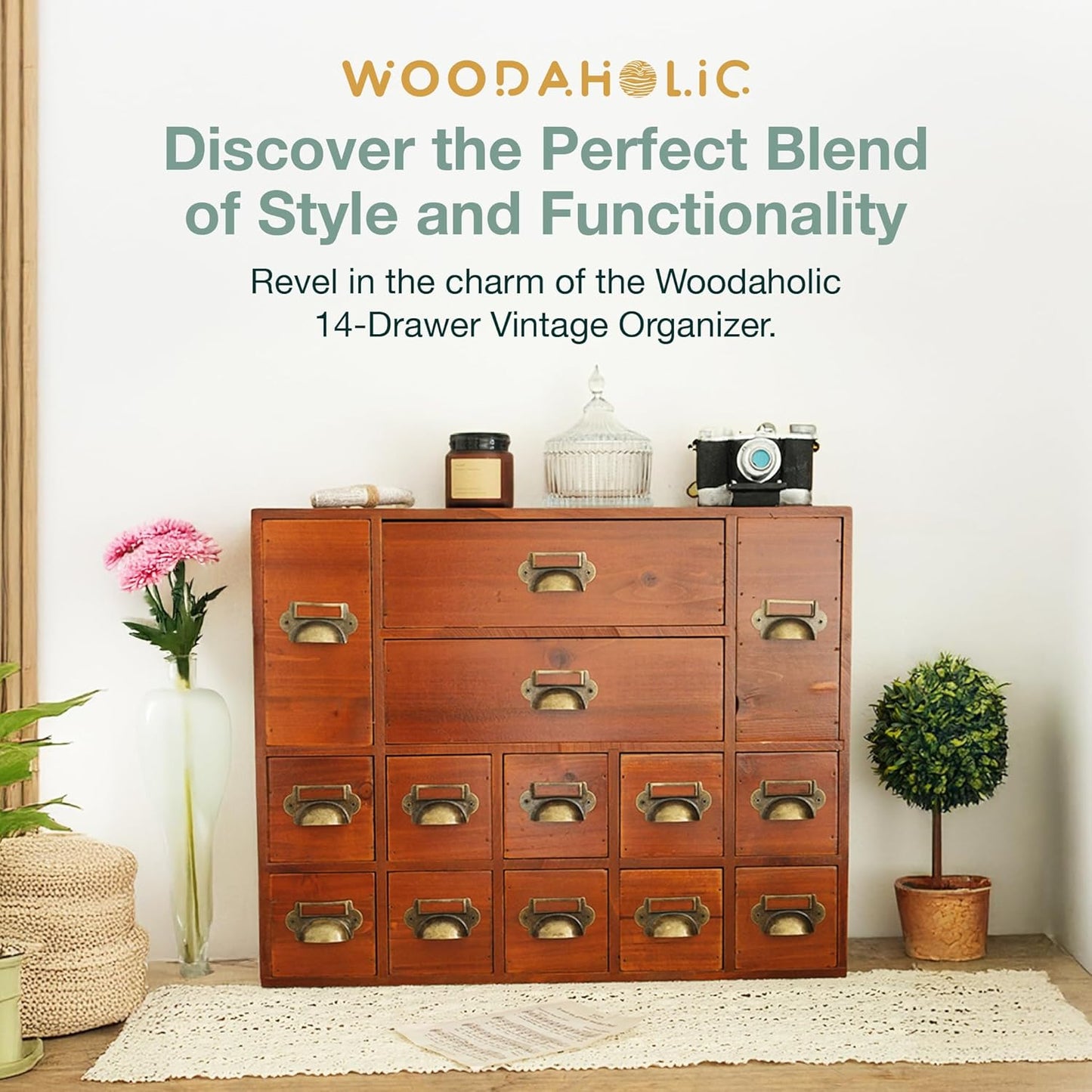 Vintage 14-Drawer Wooden Apothecary Cabinet – Mini Storage Chest with Brass Handles – Desktop Organizer for Index Cards