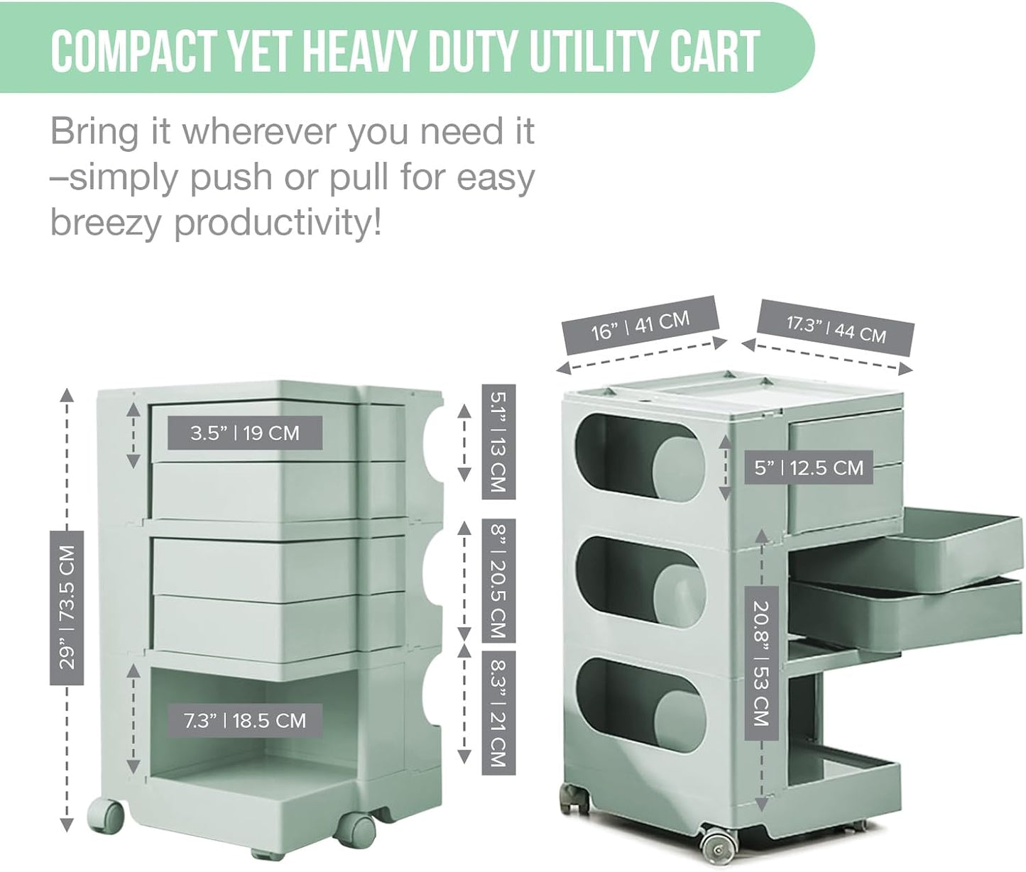 Multipurpose Utility Storage Cart - ABS Plastic Storage Caddy with Wheels and Slide Out Drawers - Sage Green