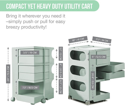 Multipurpose Utility Storage Cart - ABS Plastic Storage Caddy with Wheels and Slide Out Drawers - Sage Green