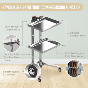 Multipurpose 2-Tray Utility Cart on Wheels - Stainless Steel 2 Level Medical Trolley Cart with Foldable Storage Trays