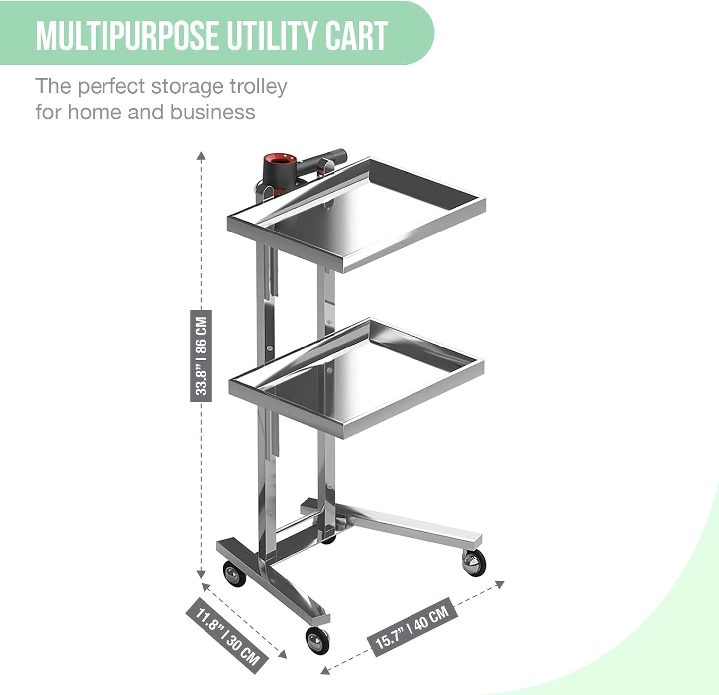 Multipurpose 2-Tray Utility Cart on Wheels - Stainless Steel 2 Level Medical Trolley Cart with Foldable Storage Trays