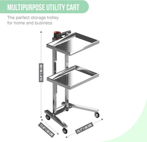 Multipurpose 2-Tray Utility Cart on Wheels - Stainless Steel 2 Level Medical Trolley Cart with Foldable Storage Trays