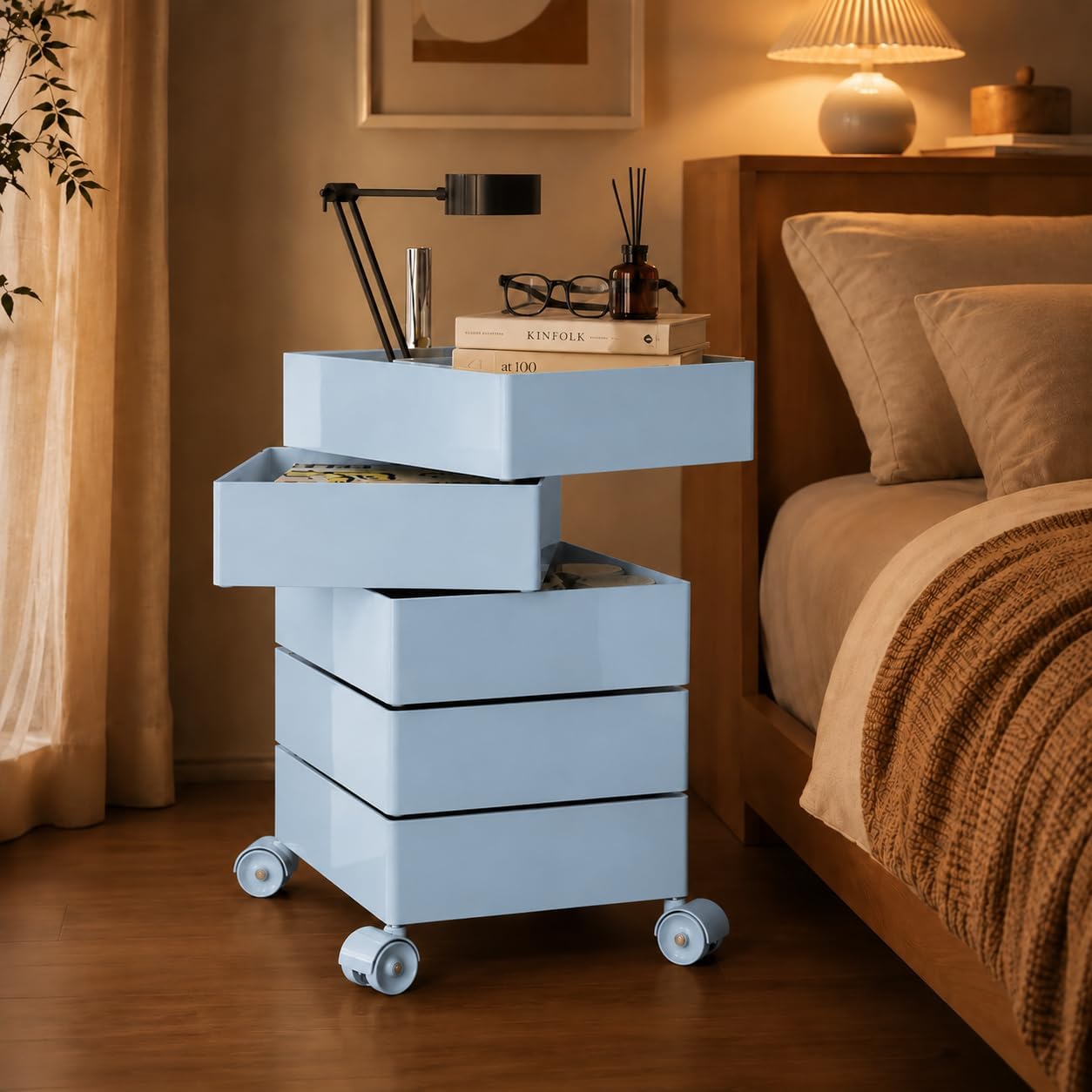 Mid-Century Modern 5-Drawer Rolling Utility Storage Cart with 360° Rotating Drawers & Locking Wheels - Light Blue