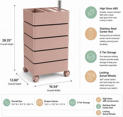 Mid-Century Modern 5-Drawer Rolling Utility Storage Cart with 360° Rotating Drawers - Pink