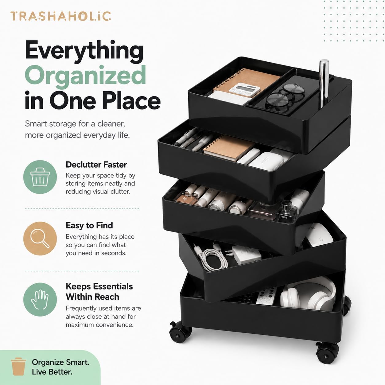 Mid-Century Modern 5-Drawer Rolling Utility Storage Cart with 360° Rotating Drawers & Locking Wheels - Black