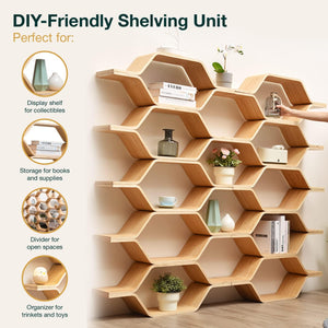 6-Level Honeycomb Hexagon Shelving Set - 5ft Tall DIY Wood Shelves Slim Shelf Room Divider