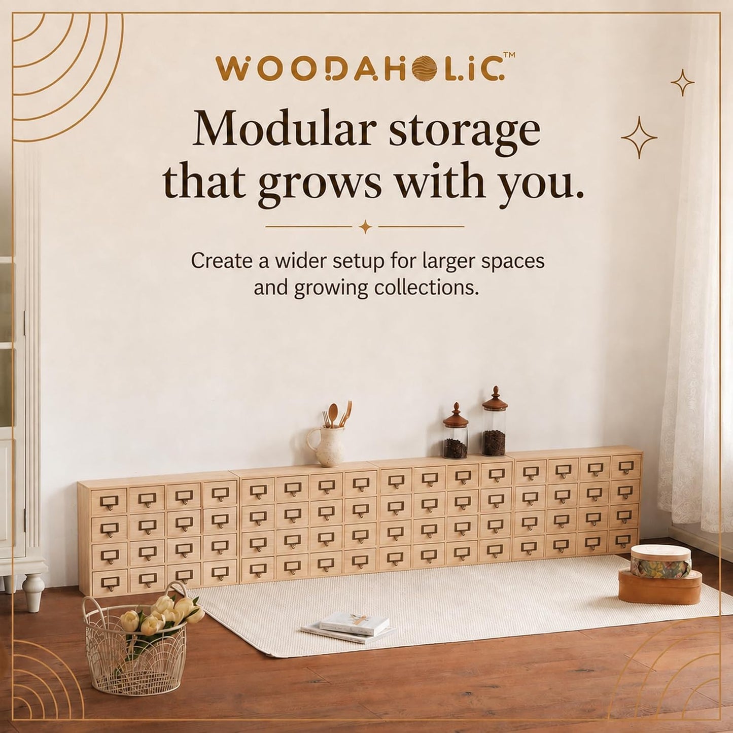64-Drawer Natural Pine Apothecary Organizer - Wide Modular Storage Cabinet for Stickers, Beads, Stamps, Washi Tape & Scrapbooking
