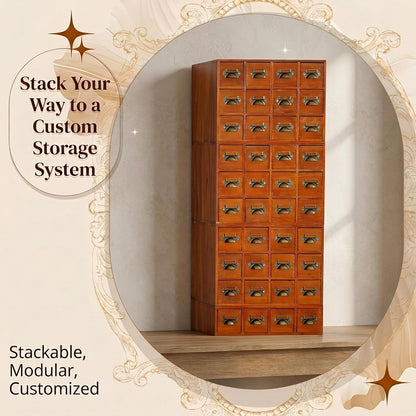 48-Drawer Wooden Apothecary Organizer - Stackable Card Catalog Storage Cabinet for Beads, Hardware, Spices, Tea & Craft Supplies