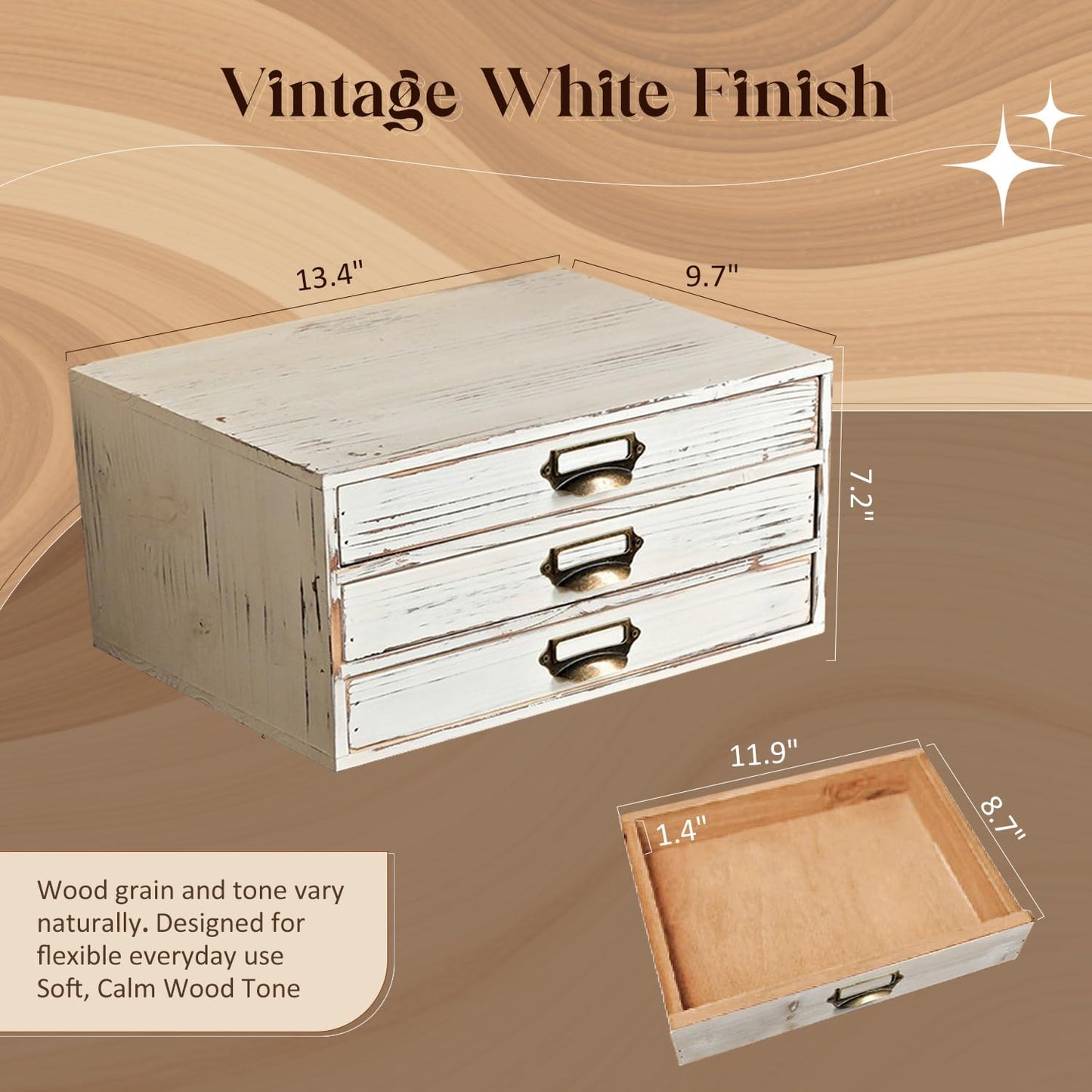 Distressed White Wooden 3-Drawer Organizer - Stackable Mini Storage Cabinet with Label Pulls for Mail, Stationery, Makeup & Keepsakes