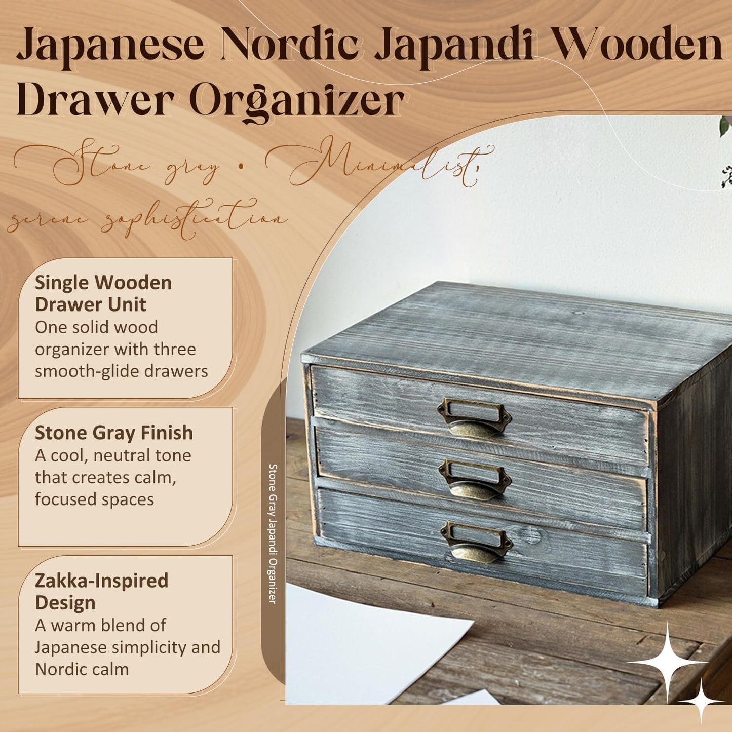 Stone Gray Wooden 3-Drawer Desktop Organizer - Stackable Modular Storage Cabinet with Label Pull Handles for Desk & Shelf