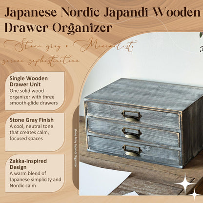Stone Gray Wooden 3-Drawer Desktop Organizer - Stackable Modular Storage Cabinet with Label Pull Handles for Desk & Shelf