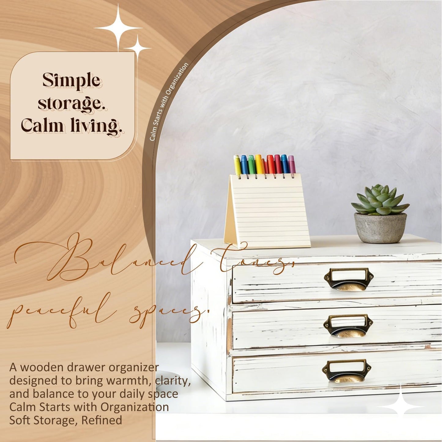 Distressed White Wooden 3-Drawer Organizer - Stackable Mini Storage Cabinet with Label Pulls for Mail, Stationery, Makeup & Keepsakes