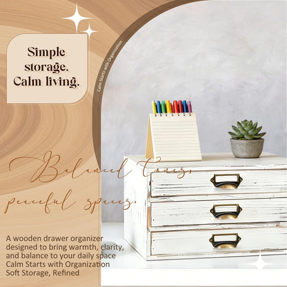 Distressed White Wooden 3-Drawer Organizer - Stackable Mini Storage Cabinet with Label Pulls for Mail, Stationery, Makeup & Keepsakes