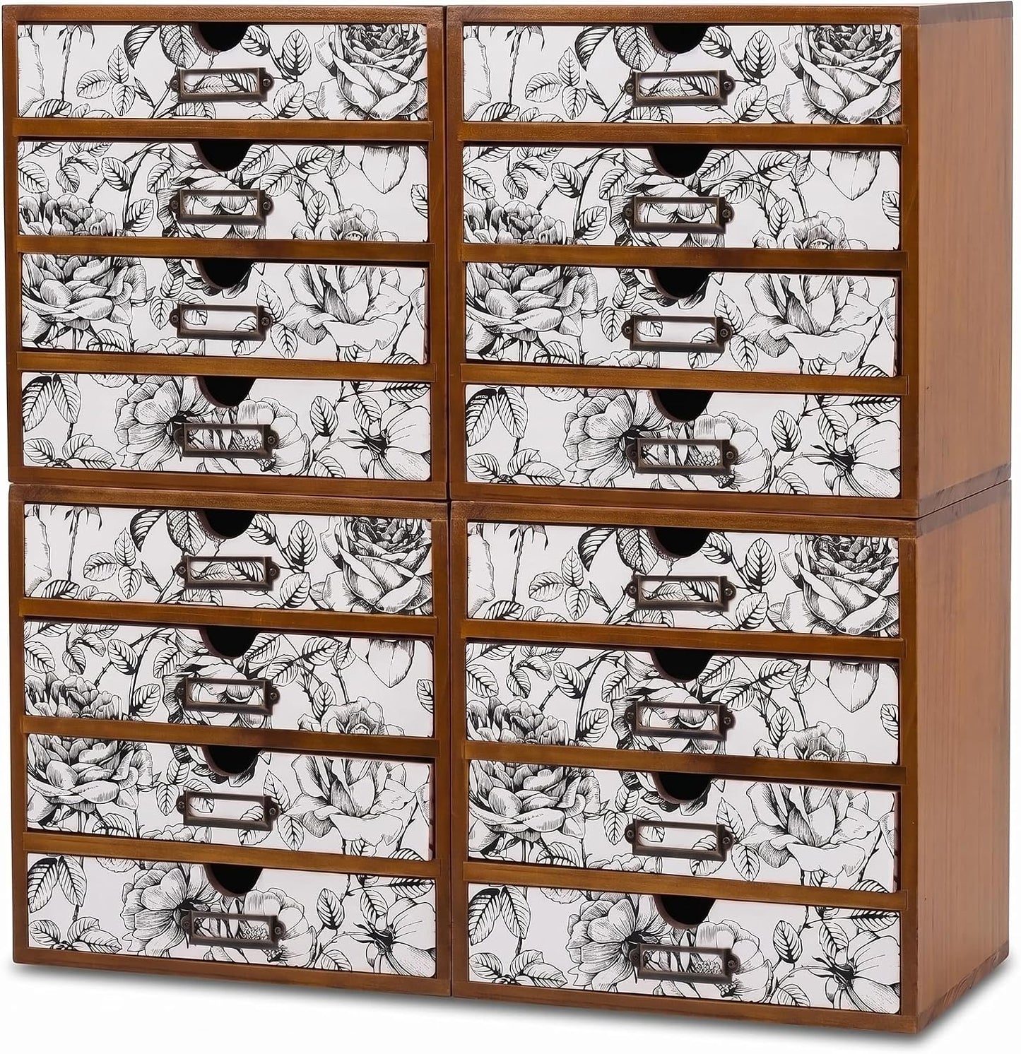 Black & White Floral 16-Drawer Wooden Organizer - Stackable Storage Cabinet with Label Holders for Stationery, Keepsakes, Sewing & Beauty Supplies