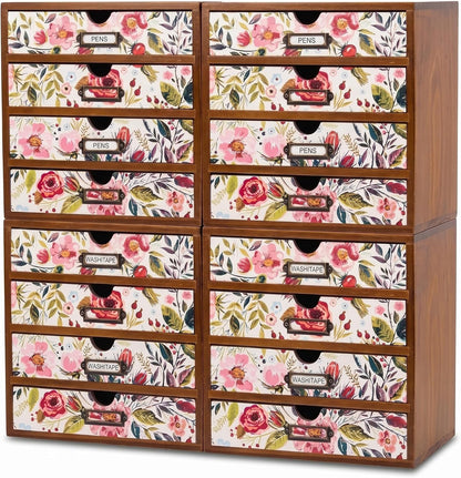 Floral 16-Drawer Wooden Organizer Set - Modular Stackable Desktop Storage Cabinet for Desk, Vanity, Kitchen, Crafts & Jewelry