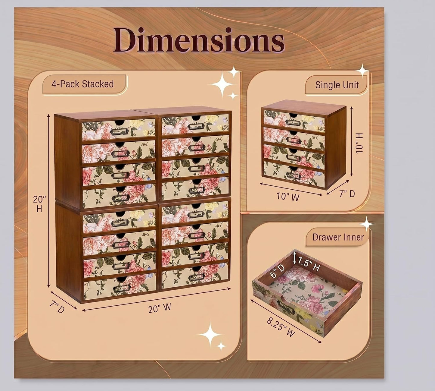 Victorian Floral 16-Drawer Wooden Organizer Set - Modular Stackable Desktop Storage Cabinet for Desk, Vanity