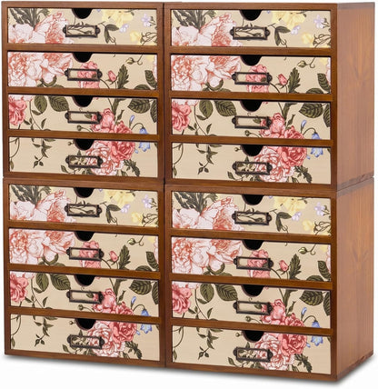 Victorian Floral 16-Drawer Wooden Organizer Set - Modular Stackable Desktop Storage Cabinet for Desk, Vanity