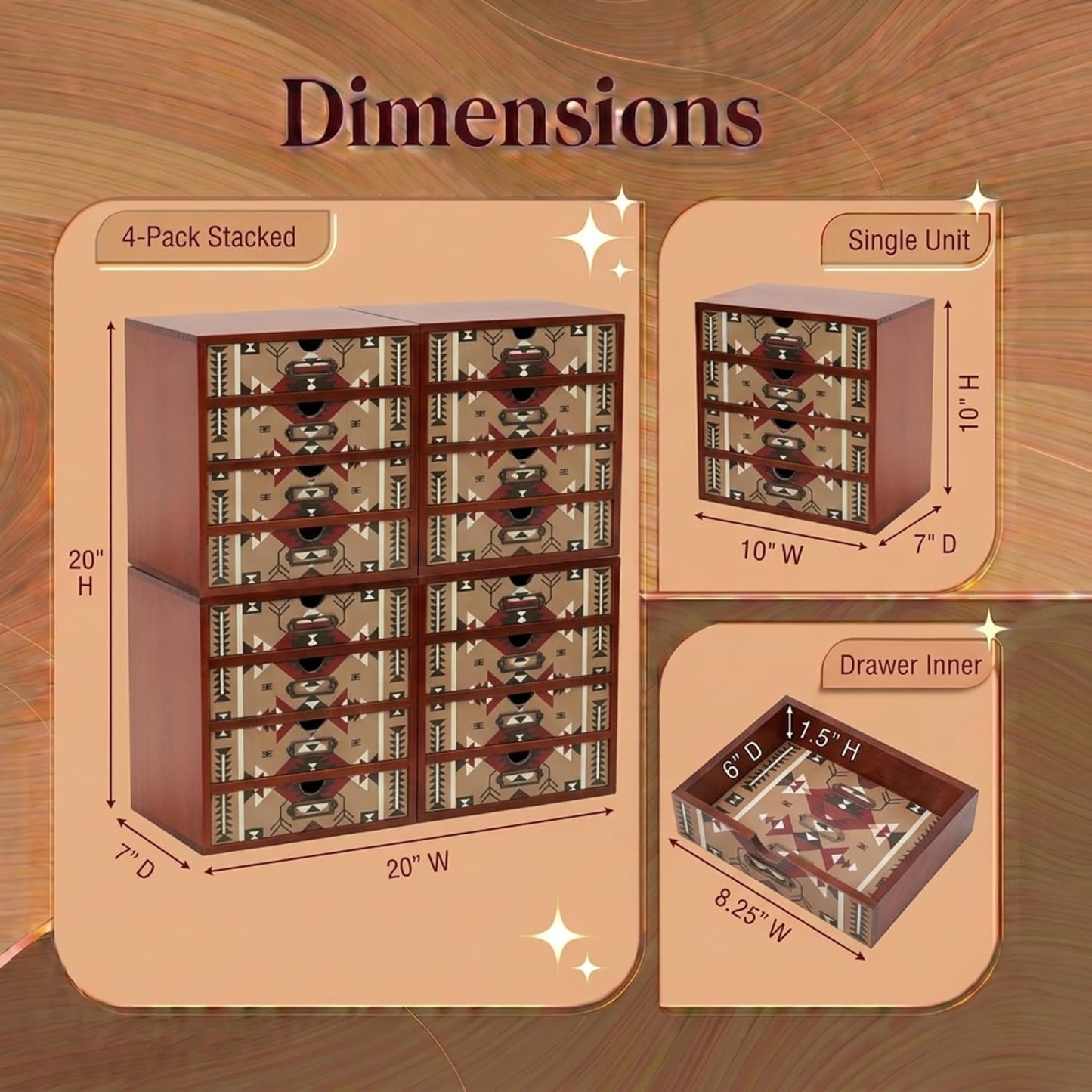 Southwestern Geometric 16-Drawer Wooden Organizer - Stackable Storage Cabinet with Label Pulls for Jewelry, Beads, Cables & Craft Supplies