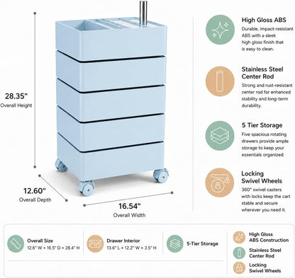 Mid-Century Modern 5-Drawer Rolling Utility Storage Cart with 360° Rotating Drawers & Locking Wheels - Light Blue