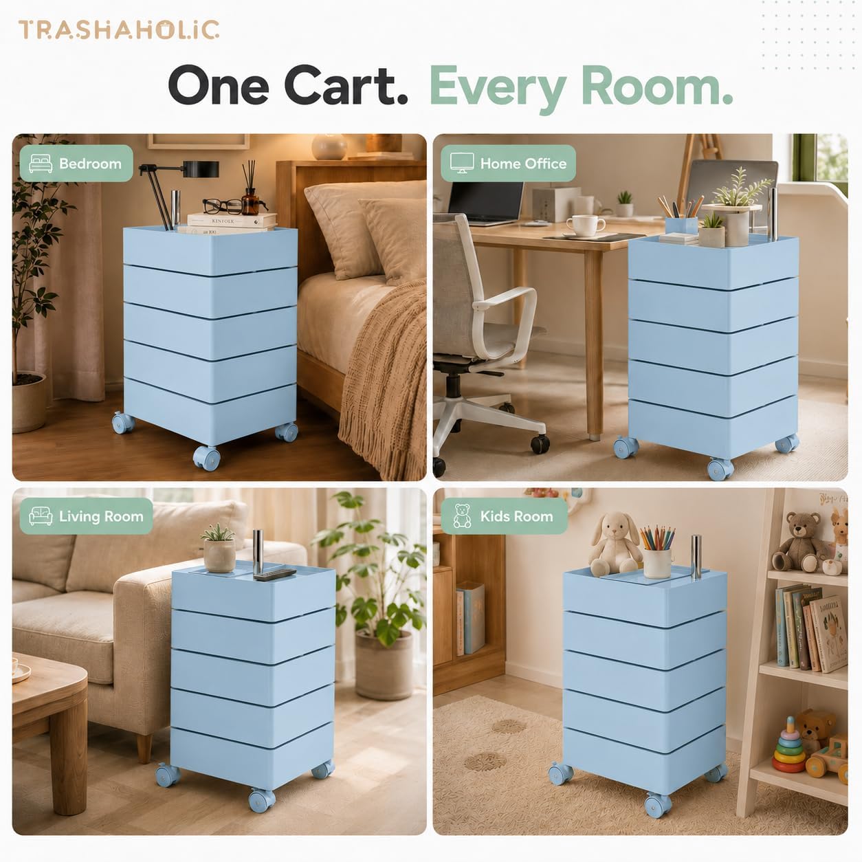 Mid-Century Modern 5-Drawer Rolling Utility Storage Cart with 360° Rotating Drawers & Locking Wheels - Light Blue