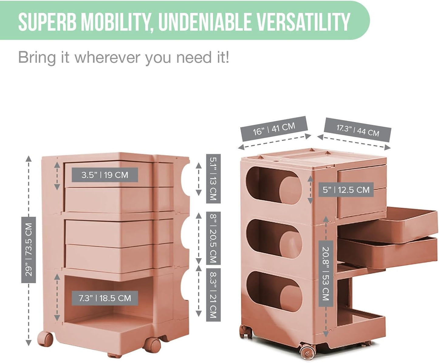 Compact Peach Utility Cart: Easy-Glide, Multi-Use Trolley with Wheels & Drawers for Salons, Kitchens, Medical Tools