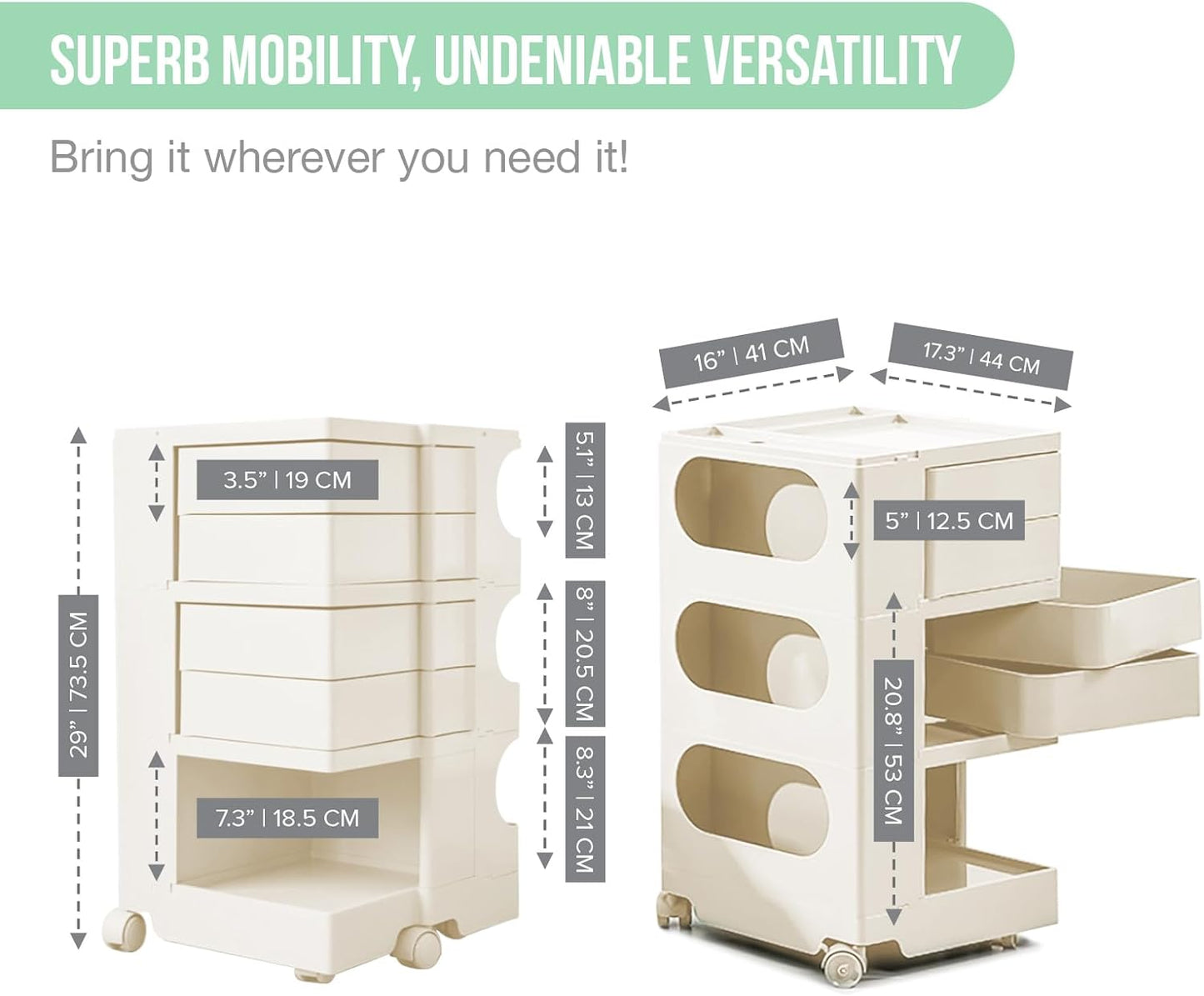 Multipurpose Utility Storage Cart  with Wheels and Slide Out Drawers - Cream Colour