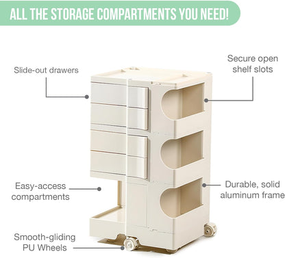 Multipurpose Utility Storage Cart  with Wheels and Slide Out Drawers - Cream Colour