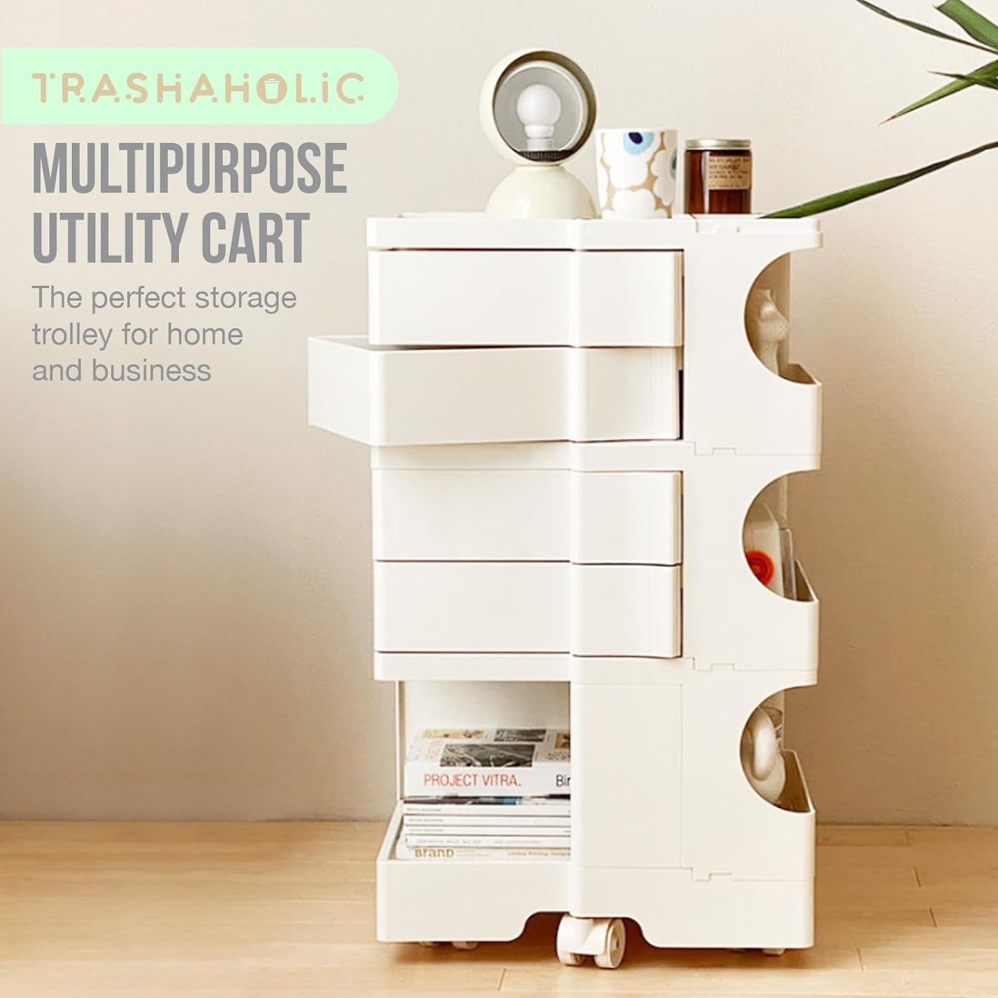 Multipurpose Utility Storage Cart  with Wheels and Slide Out Drawers - Cream Colour